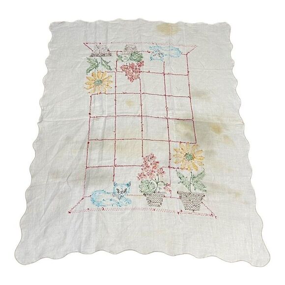 Vintage Floral Kitty Cat Embroidered Tablecloth STAINED for Restoration / Crafts - Picture 4 of 4